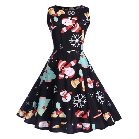 Dresslily Dresses & Skirts - Christmas Vintage Print Fit and Flare Dress, Black